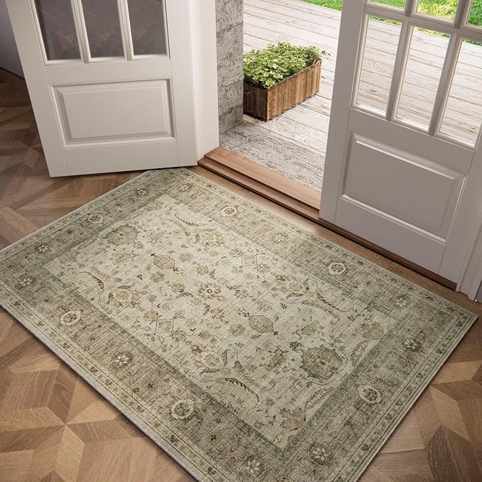 Washable 2x3 Entryway Rug, Boho Vintage Non-Slip Door Mat, Flaxen/Tan | 0.3" Neutral Throw Small Rugs for Bedroom Kitchen Nursery Entrance, Cushioned for High-traffic Area