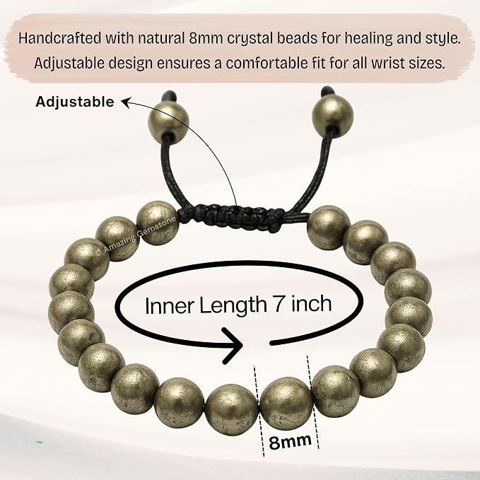 Amazing Gemstone Pyrite Bracelet, Gifts for Men & Women - Protection Healing Crystal Bracelet - 8mm Gemstone Beaded Adjustable Bracelet, Pulseras para Hombres Mujer Stocking Stuffers