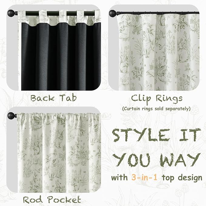 jinchan Green Blackout Curtains W38xL63 Whimsical Back Tab 2 Panels | Room darkening,nursery kids bedroom,privacy,whimsical,cottagecore,bunny pattern,botanical,nature-inspired decor