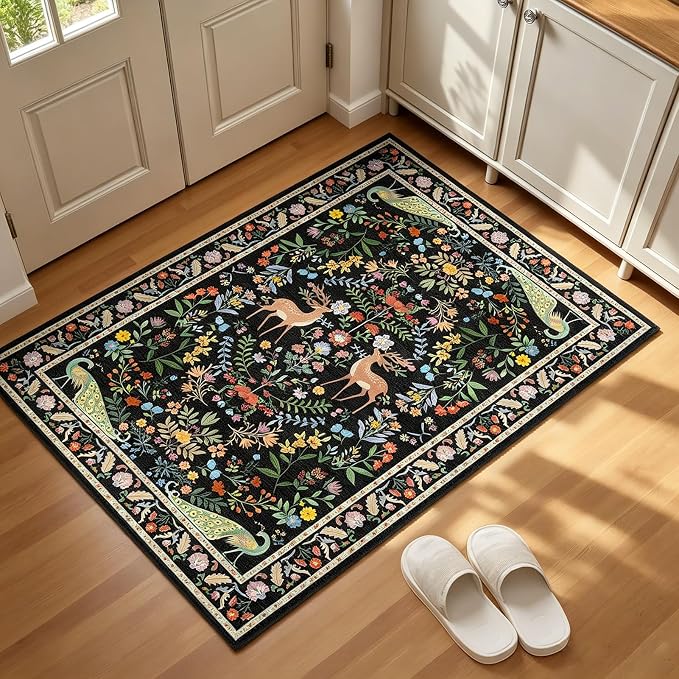 Small Vibrant Black Entryway Rug 2x3 - Front Door Rug Indoor Entrance, Small Carpet for Kitchen Floor, Bathroom, Powder Room, Washable Low Pile Non Slip, Floral Print Home Décor