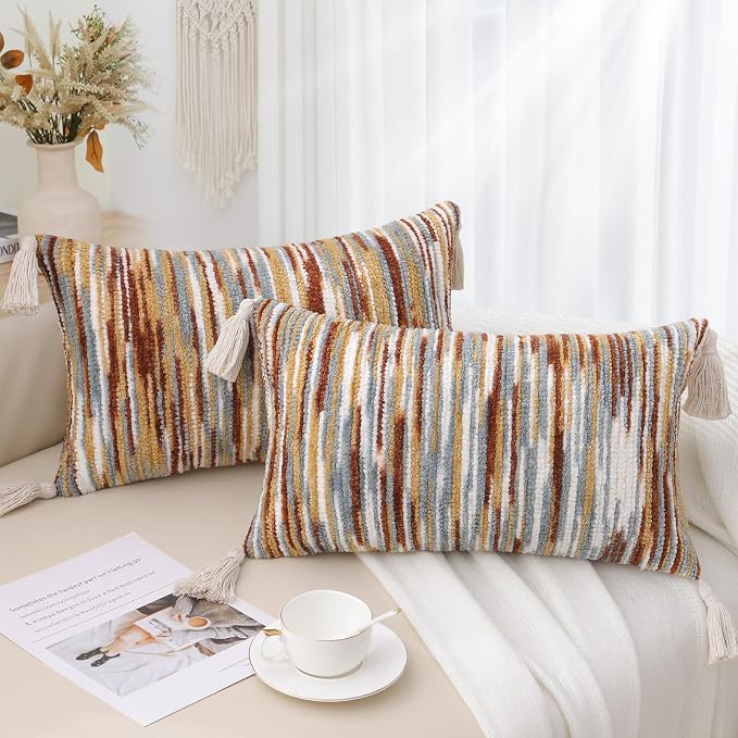 Simmore Fall Boho Decorative Rust Throw Pillow Covers 12X20 Set of 2 | Tufted Accent Modern Farmhouse Neutral Pillow Covers with Tassels for Cozy Bohemian Couch Sofa Bedroom Home Decor