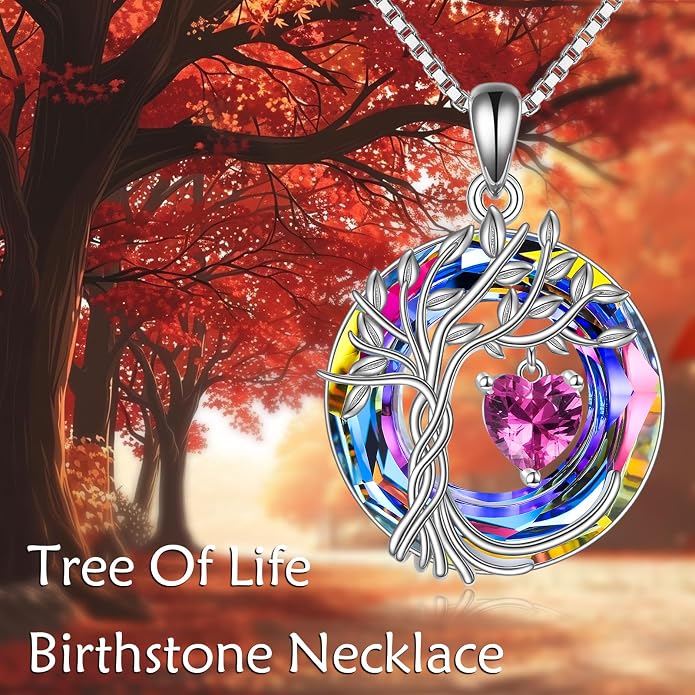 POPLYKE Mothers Day Gifts for Mom Her Wife Tree of Life Necklace 925 Sterling Silver Birthstone Pendant with Crystal Anniversary Birthday Wedding Jewelry for Women