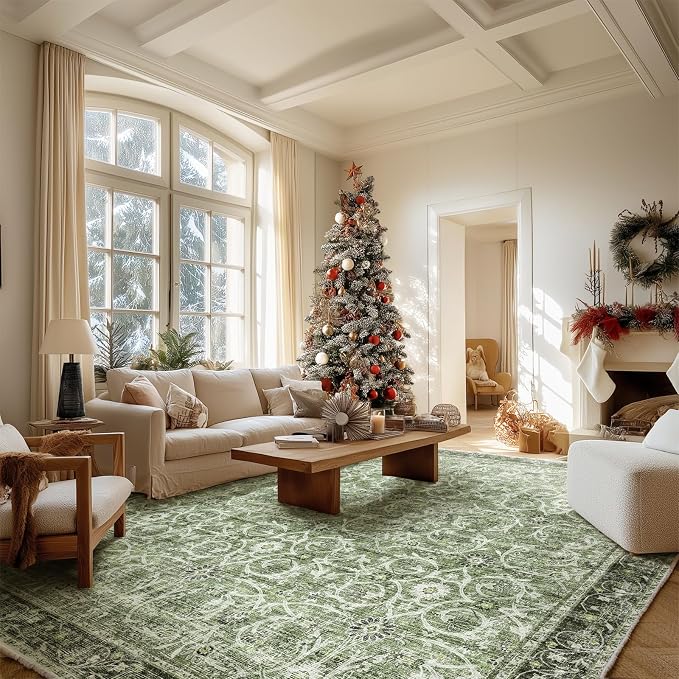 Washable Rugs for Living Room: 8x10 Area Rugs for Bedroom Ultra Soft Non-Slip Stain Resistant Vintage Boho Large Carpet for High-Traffic Dining Room - Farmhouse Decor