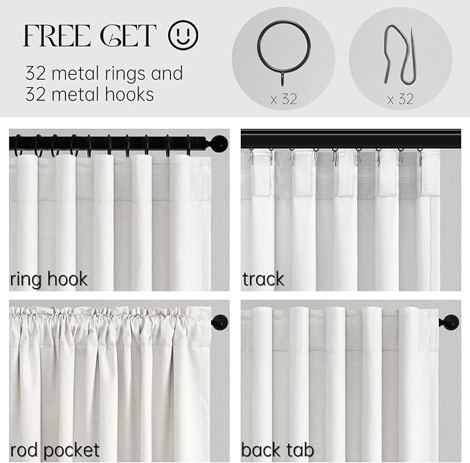 White Linen Blackout 92 Inch Curtains 2 Panels for Living Room Bedroom Thermal Insulated 100% Black Out Linen Back Tab Pleated Drapes Room Darkening Modern Neutral Window Curtains Ivory White