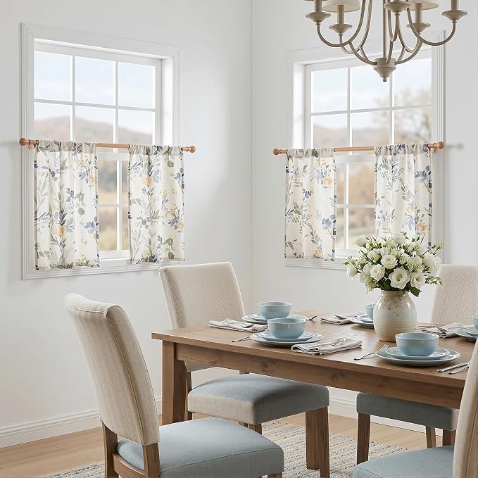 MYSKY HOME Floral Kitchen Curtains 36 Inch Length Linen Tier Curtains Farmhouse Blue Flower Patterned Small Window Treatments Airy Light Filtering Rod Pocket for Dining Room 2 Panels, Each 26" W