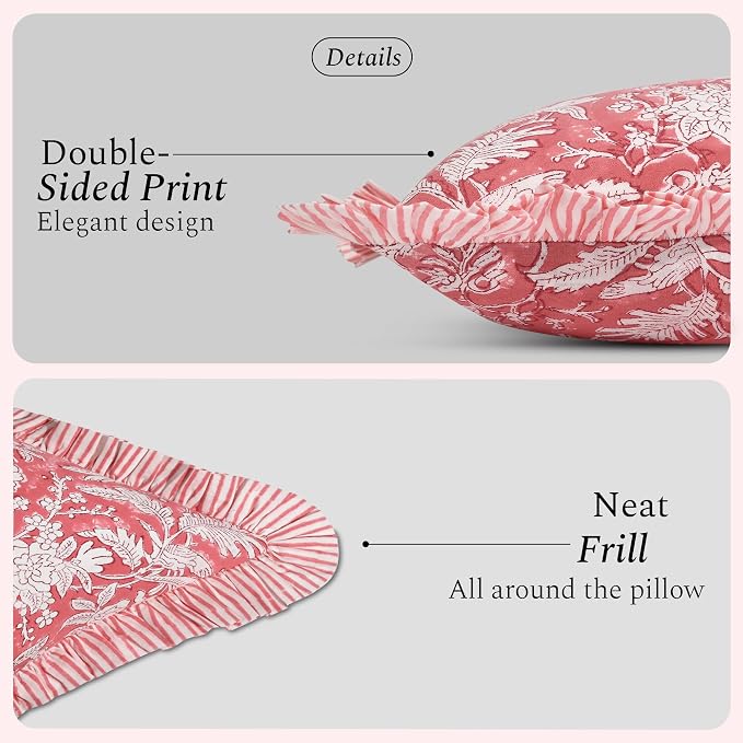 CPC Pink Coral Ruffle Throw Pillow Covers for Couch, 20x20 Inch Cotton Stripe Ruffle Couch Pillows for Living Room, Hidden 16 Inch Zipper Boho Pillow Case or Cute Outdoor Pillows