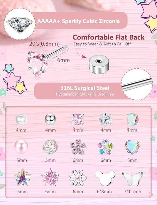 CASSIECA 16 Pairs Hypoallergenic Screw Back Earrings for Women Girls 316L Stainless Steel CZ Ball Heart Flower Screwback Flat Back Stud Earrings Jewelry Gift Women Multicolored Pink