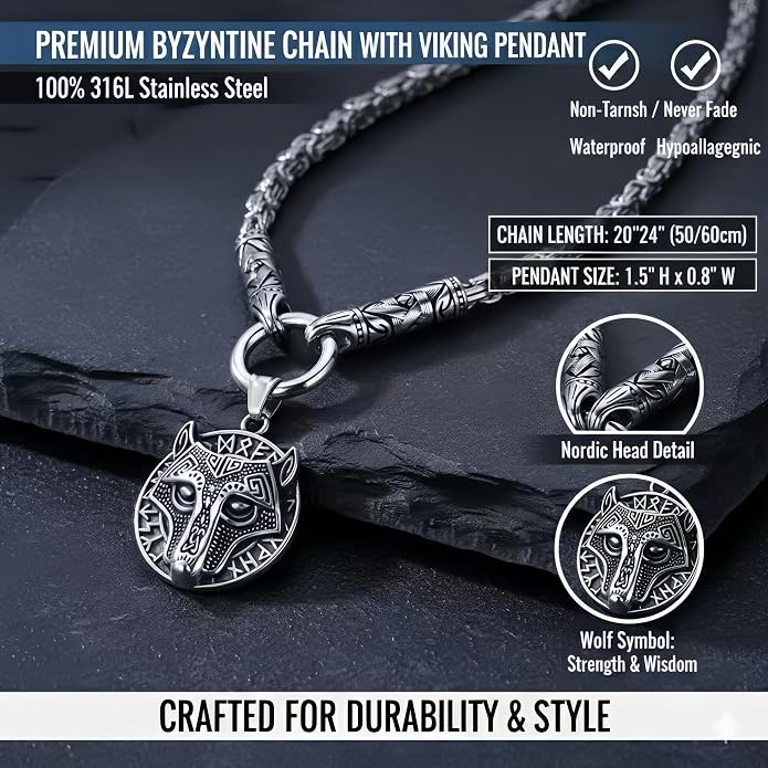 ROWIN&CO Viking Necklace for Men, Stainless Steel Nordic Runes Wolf Head Spearhead & Trinity Knot Pendant with Byzantine Chain Amulet, Norse Mythology Pagan Gothic Biker Jewelry Gift
