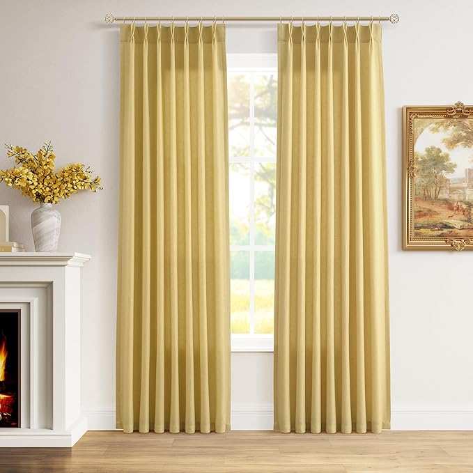 Yellow Pinch Pleated Linen Curtains 84 Inches Long 2 Panels Set Back Tab and Rod Pocket Living Room Curtain with Hooks Farmhouse Neutral Boho Light Filtering Drapes for Bedroom 40 Inch x 84 Inch