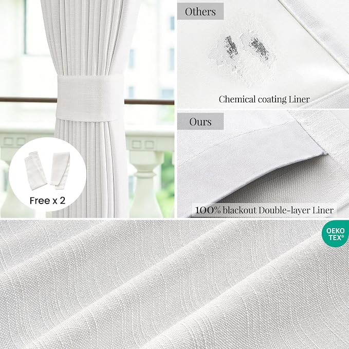 Topfinel 84 Inch Natural Blackout Curtains Dual Layer White Linen Panels, Farmhouse Back Tab Pinch Pleated Drapes for Track System,Neutral Linen Ambiance & Privacy Drapes Natural 52" W*84" L
