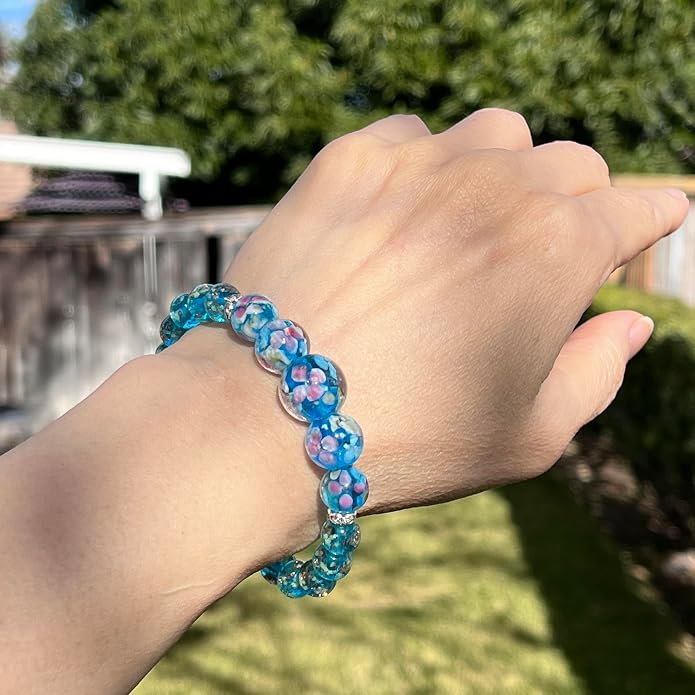 ARTSY Crafts Lily Garden Glow in the Dark Firefly Bead Bracelets Necklaces, Handmade in USA Murano Glass Jewelry, Flower Luminous Beads Mermaid Crystal Bracelet Bangle