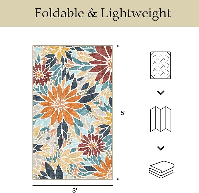 GENIMO 3x5 Outdoor Rug, Washable for Porch and Balcony, Rust Blue | Floral design for entryway; fade resistant chenille with quick-dry non-slip backing for indoor mudroom