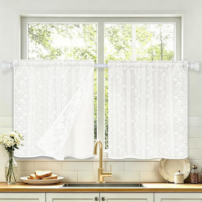 ASPMIZ Linen Kitchen Curtains Double Layer Kitchen Window Curtains Over Sink 24 Inch Length White Tier Curtain Light Filtering, Rod Pocket Cafe Curtain Short Window Treatments with 2 Tiebacks, 26x24