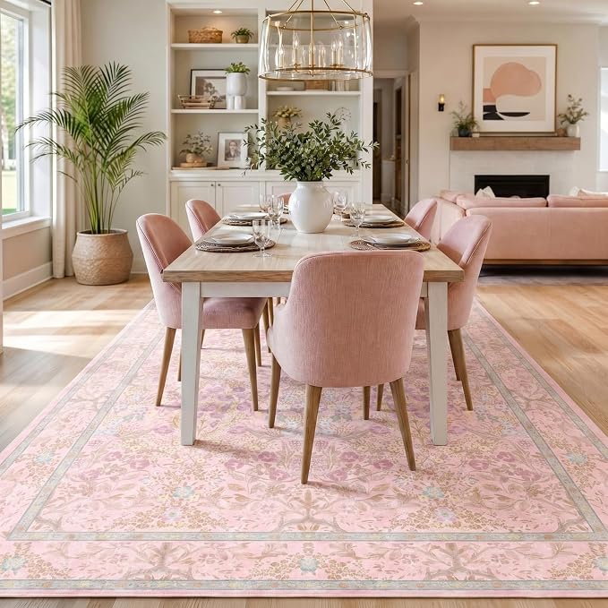 Washable Light Pink Living Room Area Rug 6x9, Boho Botanical Area Rug for Bedroom, Kitchen Table, Nursery, Home Office - Low Pile Non-Slip Vintage Carpet - Soft Farmhouse Accent Mat