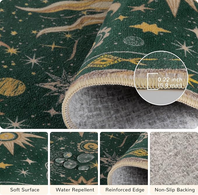 Vacuum-Friendly, 8x10 Washable Area Rug, Green Gold Yellow | Sun and Moon Boho Gothic Non-Slip Low Pile Living Roon Bedroom Dining Room Kitchen Entry Entryway Entrance Hallway Doormat