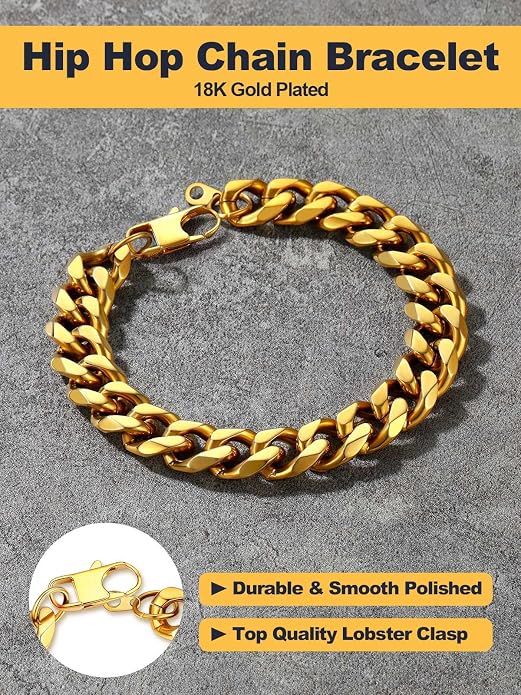 U7 Link Bracelets for Men, Cuban Link/Rope/Watch Band Solid Bracelet, Silver Black Gold Color Wrist Bracelet 3/6/9/12/15mm Width, 6.5/7.5/8.3 Inch Length, Hand Chain Jewelry for Mens Women