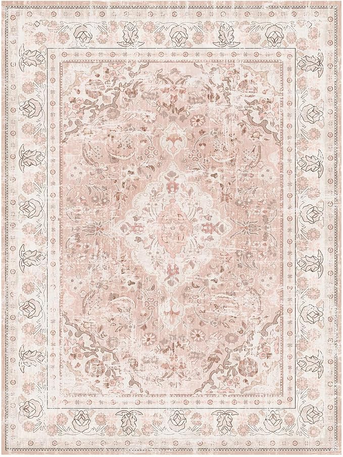 Vhong Washable Boho Vintage Modern Neutral Dusty Pink Area Rugs Small Carpet 3×5 High Traffic Rugs for Dinning Room Living Room Bedroom Girls' Room Nursery Room Non Slip