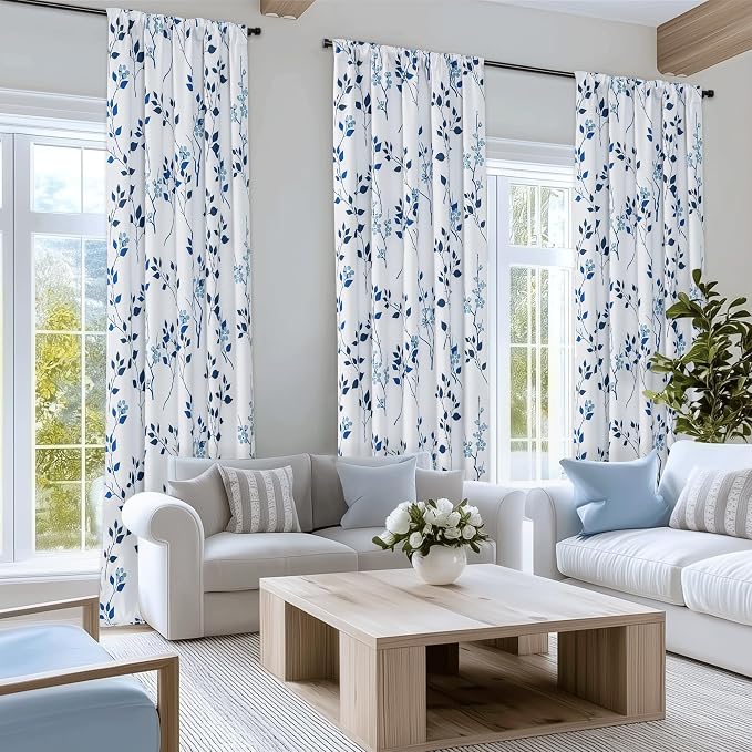 Beauoop Floral 100% Blackout Curtains for Bedroom Navy Blue 52X90 2 Panels | Flower Patterned Navy White Room Darkening Drapes for Living Room 90 Inch Long Thermal Soundproof Window treatment Rod Pocket