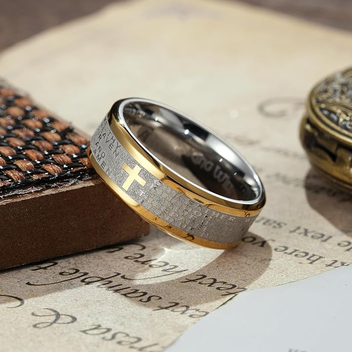 King Will Stainless Steel Men Ring Lord's Prayer Cross Ring Stainless Steel Men Wedding Ring, Wedding Band Bible Engraved Rings High Polished, Comfort Fit