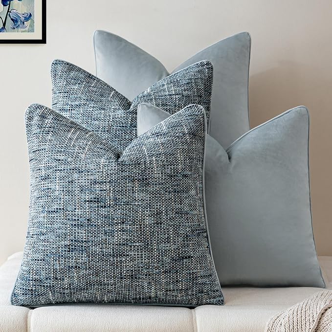 a moment Light Blue 4 Pack Throw Pillow Covers - Chenille & Velvet Set with Piping, Farmhouse Textured Design Pillow Cases for Couch Sofa Bed Livingroom (18x18 Inch, No Insert)