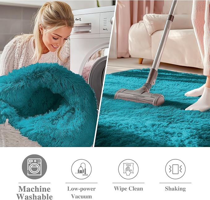 OLANLY Teal Round Rugs for Bedroom - Machine Washable, 2 ft Circle Area Rugs for Living Room, Soft and Fluffy Shaggy Carpet for Teen Girl and Boys, Nursery Rooms, Dorms, Home Decor Aesthetic