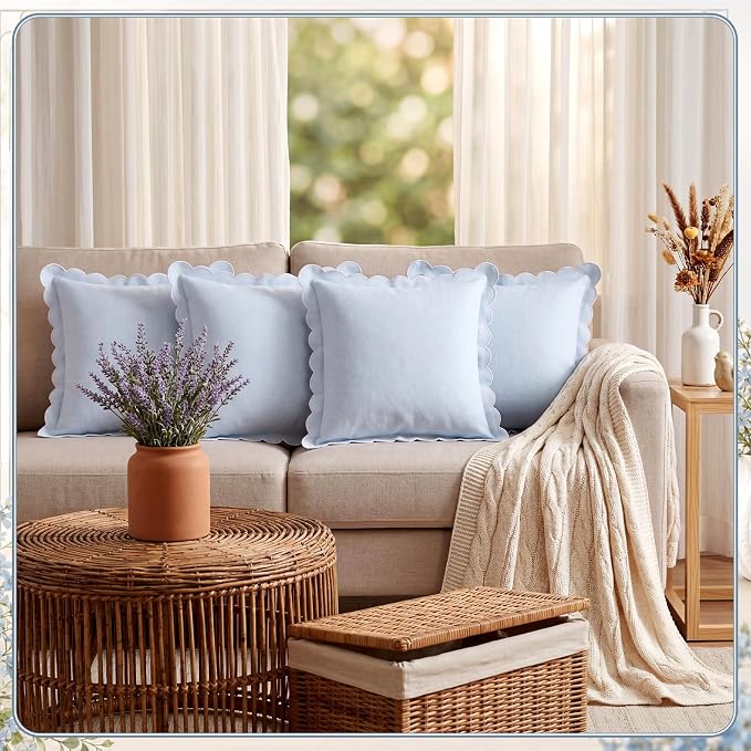 4 Pcs Blue Scalloped Pillow Covers 18x18 Inch Scallop Grandmillennial Decorative Couch Throw Pillows Granny Chic Pillowcases for Farmhouse Sofa, Couch, Outdoor Patio Decor