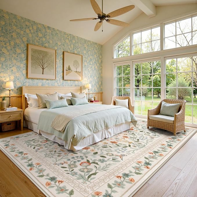 Lahome Floral Washable Area Rug 8x10, Large Vintage Non Slip Carpet for Living Room Bedroom, Low-Pile Soft Boho Rug for Dining Room Home Office, Machine Washable Home Decor, Beige