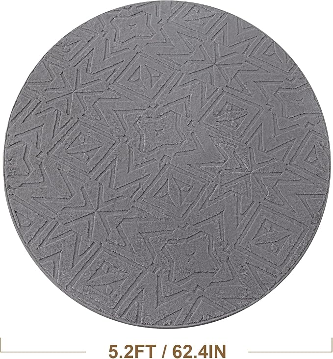 Carvapet 5.2' Round Rug Washable High Low Pile Area Rug Soft Plush Grey Carpet for Living Room Bedroom Non Slip Indoor Floor Rug for Home Kids Nursery Decor