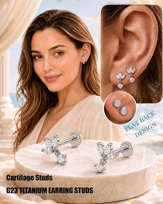 YACHY G23 Titanium Flat Back Stud Earrings, Internally Threaded Screw-On Hypoallergenic Body Piercing Jewelry for Everyday Wear, Tragus Helix Conch Monroe Medusa Lip, 18G 6mm 8mm