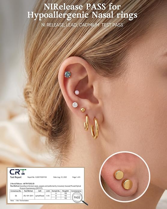 14K Gold Plated Hypoallergenic Earring Stack Set, Surgical Steel Flat Back & Screw Back Studs, Multi‑Size Small Huggie Hoops, Nickel‑Free CZ Pearl Opal Cartilage Earrings, Comfortable Sleeping Piercing Jewelry for Sensitive Ears Women & Men