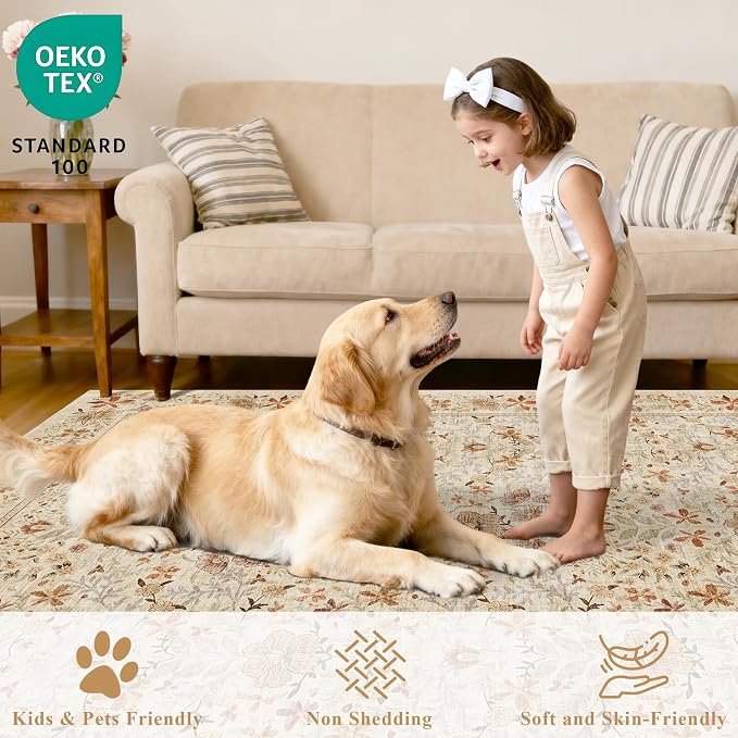 DUKINO 2x5 Rug Runner, Washable Vintage Floral Bathroom Rugs, Beige | Non Slip, Low Pile, Stain Resistant, Lightweight Soft Carpet Runner for Laundry Room Kitchen Hallway Bedroom, Non-Shedding
