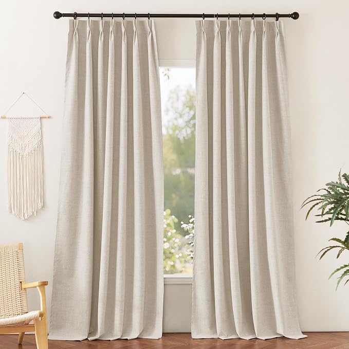 RYB HOME Linen Textured 100% Blackout Curtains Pinch Pleated & Back Tab Drapes Privacy Thermal Insulating for Living Room Kitchen Dining Bay Window, W 42 x L 96 inches, Linen, 2 Panels