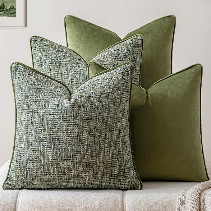a moment Dark Green 4 Pack Throw Pillow Covers - Chenille & Velvet Set with Piping, Farmhouse Textured Design Pillow Cases for Couch Sofa Bed Livingroom (16x16 Inch, No Insert)
