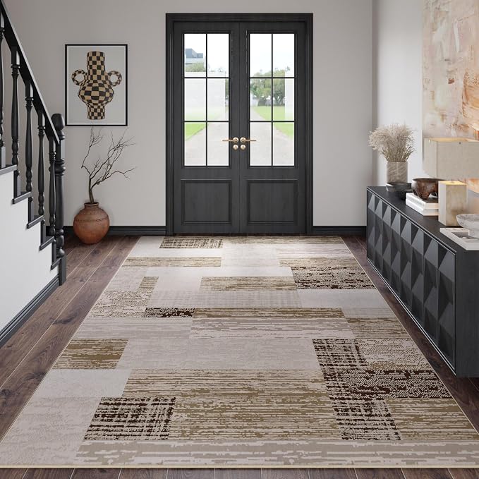 FlyDOIT Modern Geometric Patchwork Area Rug, 9x12 Beige Large Rugs for Living Room, Rockwood Collection Indoor Rugs for Bedroom, Throw Carpet Floor Decor for Entryway Dining Room Office Nursery