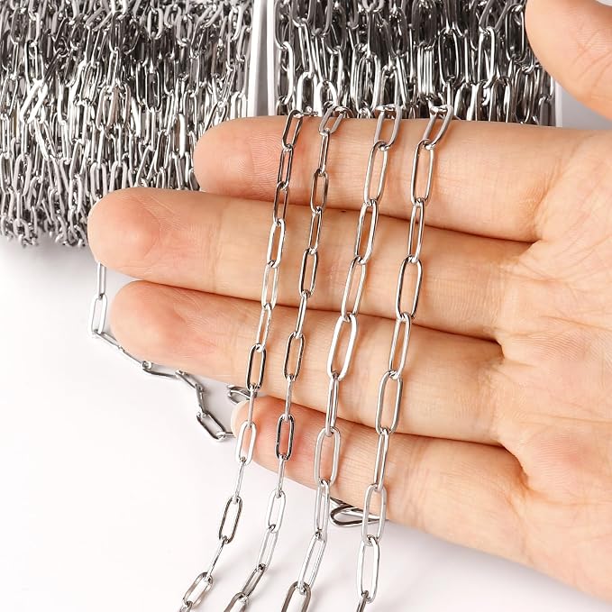 [33 Ft] Stainless Steel Paperclip Chains Roll, 4.3mm Width 304 Stainless Steel Oval Link Chains Spool Bulk for Jewelry Making