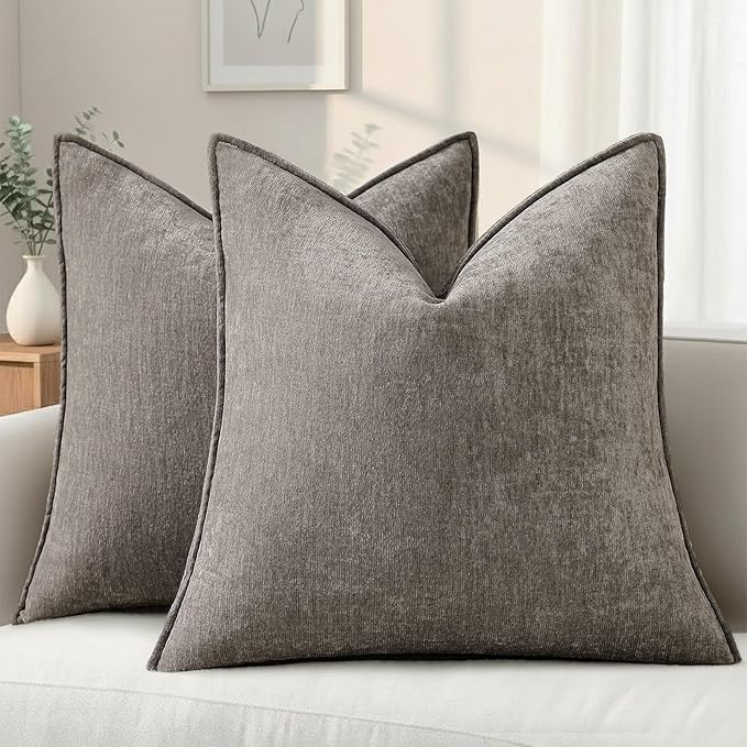decorUhome Chenille Dark Grey Velvet Throw Pillow Covers 26x26 Set of 2 | Fall Soft Euro Sham Couch Decorative Modern Farmhouse Pillow Cases with Elegant Design for Sofa Bed Living Room Home Decor