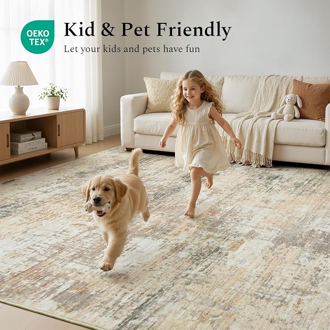 Rugflix 5x7 Area Rugs for Living Room, Washable Large Rug Stain-Resistant Low Pile, Modern Neutral Carpet for Dining Room Home Office Kid Room Nursery Bedroom, Gold/Beige/Grey