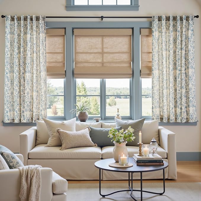 jinchan Linen Floral Curtains for Living Room with Printed Flower 63 Inches Long Light Filtering Farmhouse Window Treatment Vintage Short Drapes Back Tab Rod Pocket 2 Panels Blue on Beige