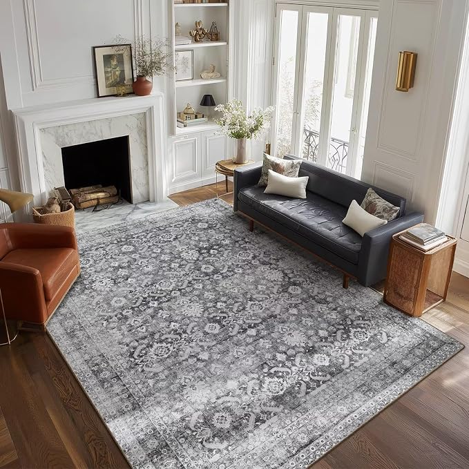 Boho Washable 6x9 Area Rugs for Living Room, Cushioned, Grey | Vintage Non-slip Neutral Oriental Rugs for Bedroom Dining Room Nursery Office High Traffic Area