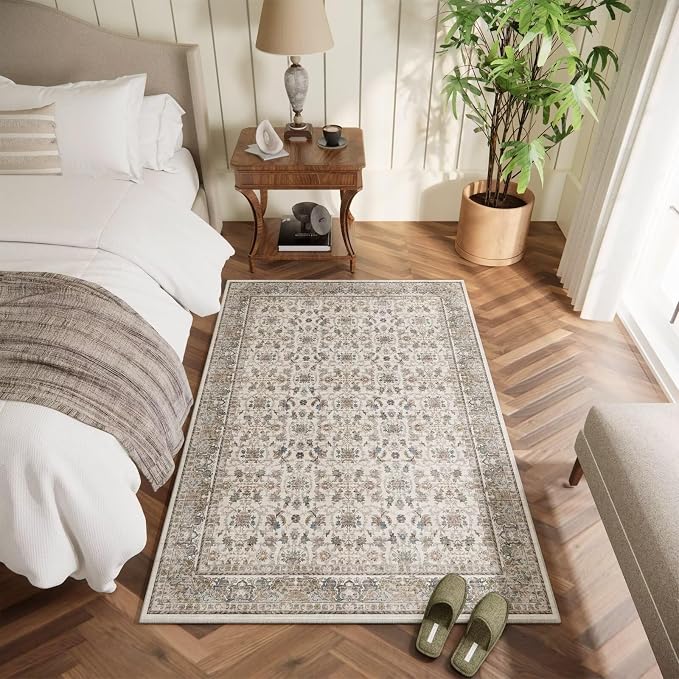 Washable 3x5 Entryway Rug, Boho Vintage Non-Slip Door Mat, Cream/Blue | 0.3" Neutral Throw Small Rugs for Bedroom Kitchen Nursery Entrance, Cushioned for High-traffic Area