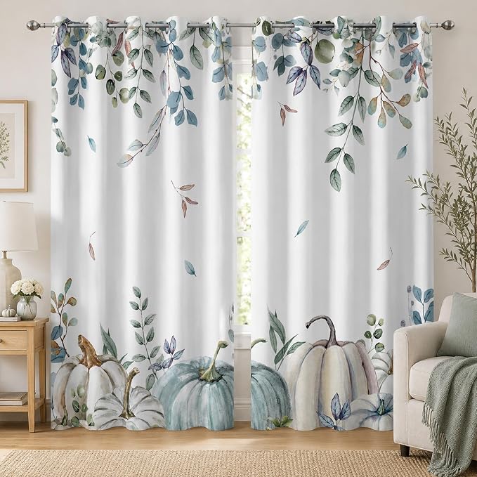 Blue Pumpkin Window Curtains 52 x 63 in, Fall Farmhouse Drapes with White Pumpkin Eucalyptus Leaf Print, Watercolor Autumn Curtains for Bedroom Living Room