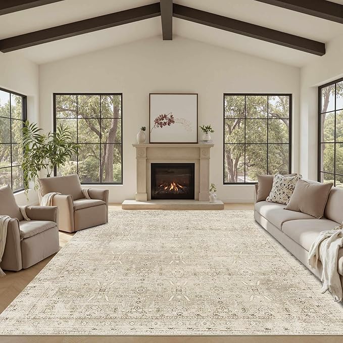 Rugxara Beige 8x10 Area Rugs for Living Room Bedroom Large Washable Rug | Rug for Dining Room Office, Non Slip, Stain Resistant, Soft, Low Pile, Vintage Boho Retro Carpet, Washable,Home Decor
