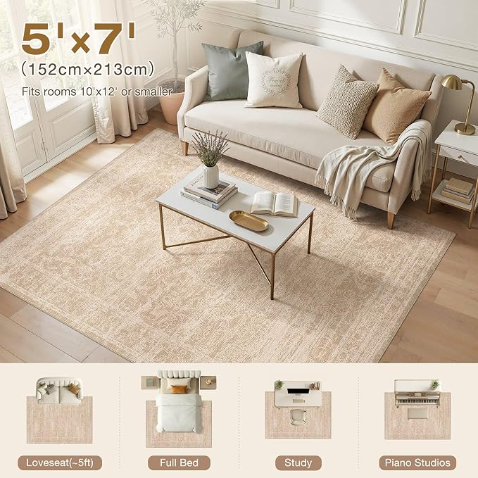 Nakagishi 6X9 Area Rugs Living Room:Washable Large Vintage Rug Neutral Non-Slip Soft Stain Resistant Indoor Carpet for Bedroom Nursery Dining Room Office Playroom
