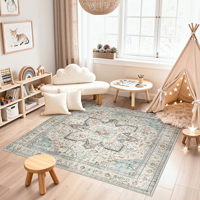Tortania 8' Square Area Rug Living Room Rugs - Washable Boho Rug Vintage Oriental Distressed Farmhouse Large Thin Indoor Carpet for Bedroom Under Dining Table Home Office - Aqua Multi