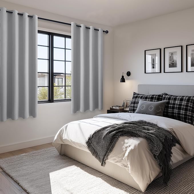 Hiasan Blackout Curtains for Bedroom, 52 x 63 Inches Length - Thermal Insulated & Light Blocking Window Curtains for Living Room, 2 Drape Panels Sewn with Tiebacks, Silver Grey