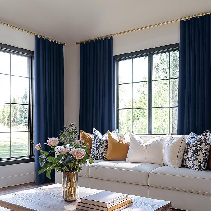 INOVADAY 100% Blackout Curtains for Bedroom, Midnight Blue Black Out Curtains 84 Inch Long, Clip Rings Linen Blackout Drapes, Thermal Insulated Room Darkening for Living Room, 2 Panels - W50xL84