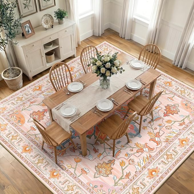 RELEANY Area Rugs Square 10ft Washable Non-Slip, Floral Vintage Distress Medallion Carpet for Living Room Bedroom Dining Room, Light Pink Colorful