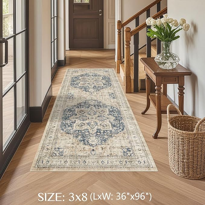 Tortania Area Rug 3x8 Runner Rugs - Washable Vintage Oriental Farmhouse Thin Indoor Carpet for Living Room Bedroom Hallway Entryway Kitchen Under Dining Table Home Office - Cream/Blue