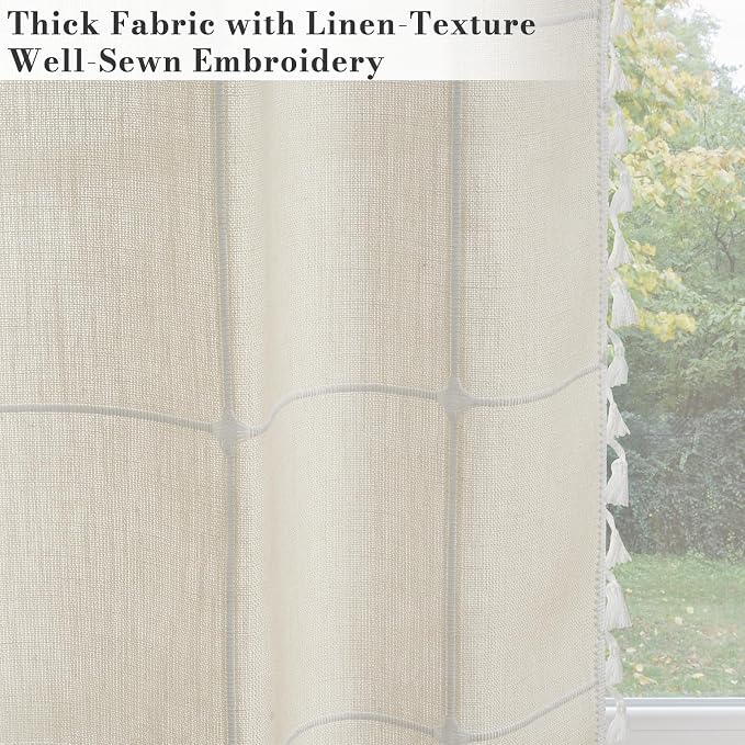ColorBird Beige Plaid Curtains, White Embroidered Gingham 63 Inch Boho Farmhouse Curtains & Drapes for Living Room, Linen Texture Light Filtering Window Treatment for Dining Bedroom