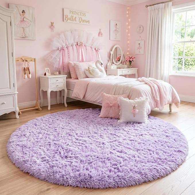 Amdrebio Light Purple Large Round Rugs 8Ft for Girls Bedroom, Fluffy Fuzzy Circle Area Rug for Kids Room Decor Aesthetic, Soft Cute Furry Plush Shag Big Lavender Carpet for Living Room, Playroom